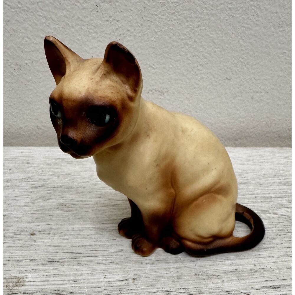 Vintage Ceramic Siamese Cat Figurine Glazed Kitten Blue Eyes Statue 4" 1950s
